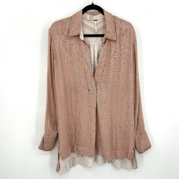FREE PEOPLE Mauve Beige Striped Oversized Boho High Low Tunic Top Size Medium - Picture 1 of 7